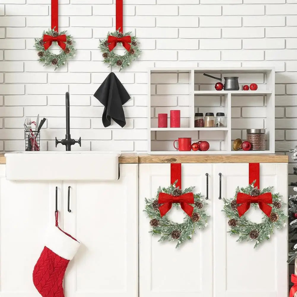 Set of 6 Mini Christmas Cabinet Wreaths with Ribbon Bows – Artificial Farmhouse Holiday Party Decorations