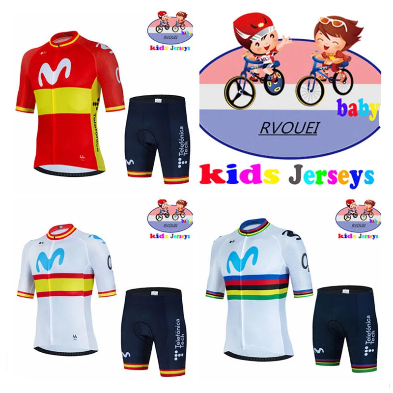 Kids Cycling Jersey Set - Baby Movistar Team Style Road Bike Shirt and Pants Suit for Boys and Girls MTB Riding