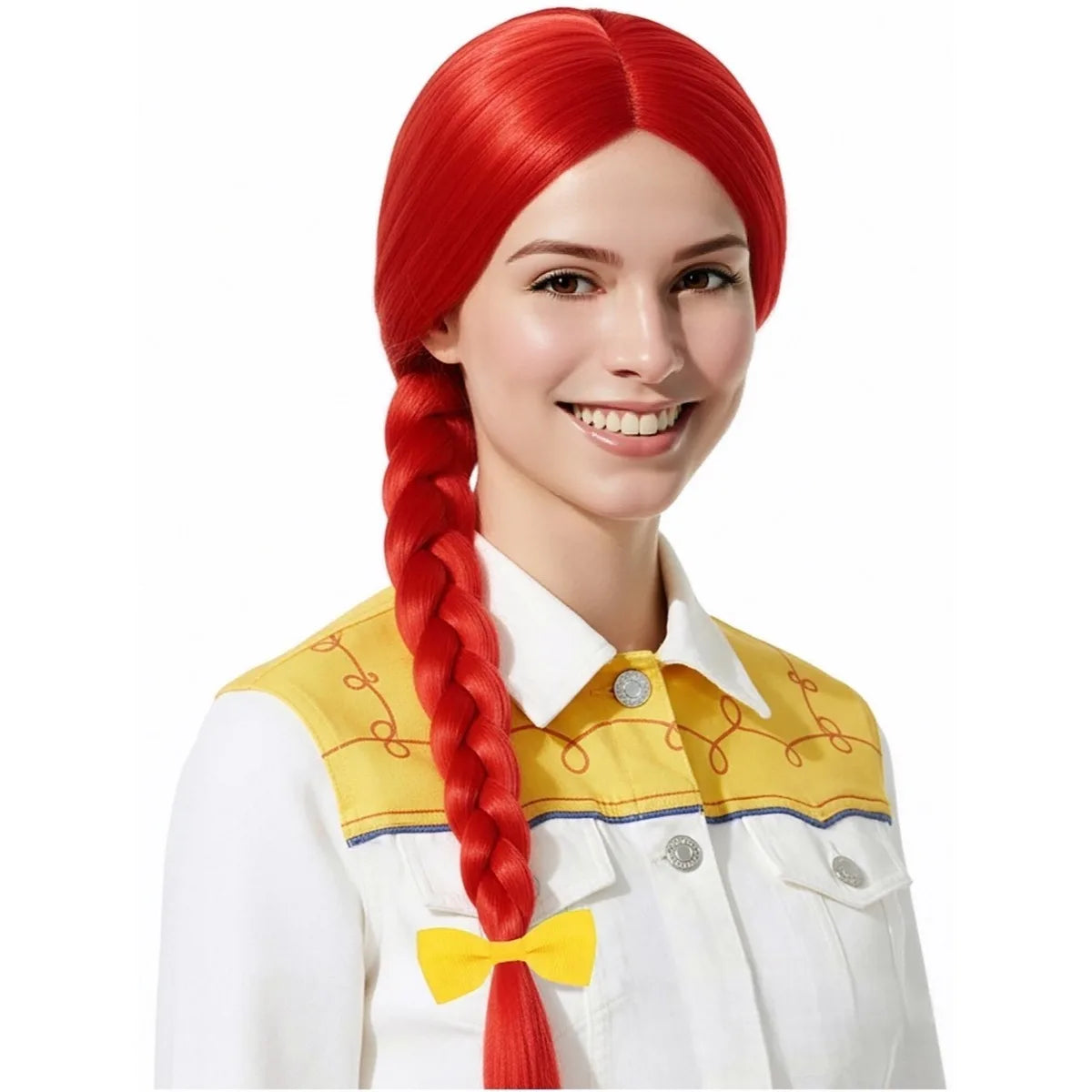 Red Long Straight Wig with Braided Ponytail - Yellow Bow Synthetic Cosplay Hair