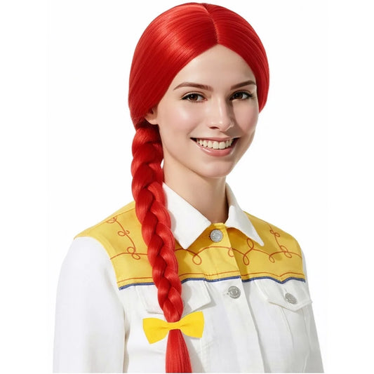 Red Long Straight Wig with Braided Ponytail - Yellow Bow Synthetic Cosplay Hair
