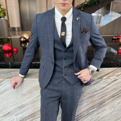Men’s British Korean Plaid Three-Piece Suit – Stylish Business Casual Set with Blazer, Vest & Trousers