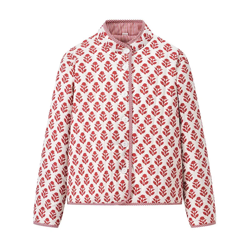 2025 Women’s Printed Quilted Padded Jacket – Collared Cotton Coat with Contrast Piped Pockets, Casual Autumn Outerwear