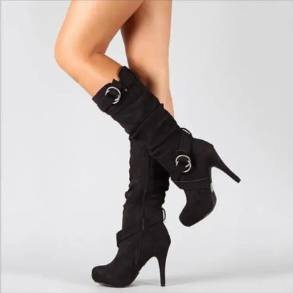 Women’s Knee-High PU Leather Boots – Thin High Heel Platform Round-Toe Fashion Shoes, Size 34-43