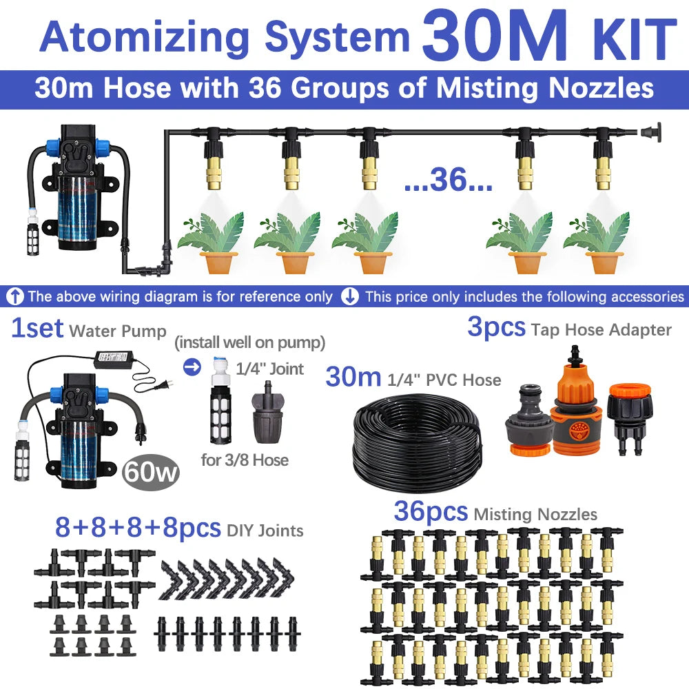 60W Self-Priming Misting Pump Kit 30–10m Cooling System with Adjustable Nozzle Atomizer for Garden Irrigation & Watering System