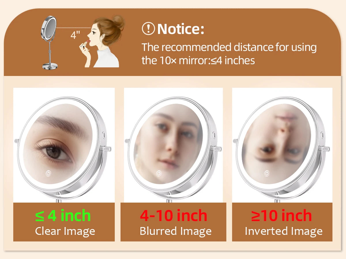 8-Inch Makeup Mirror with Light – 10X Magnification, 3 Color LED, Adjustable Brightness & Height Standing Cosmetic Mirror