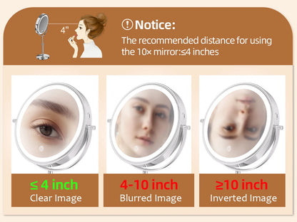 8-Inch Makeup Mirror with Light – 10X Magnification, 3 Color LED, Adjustable Brightness & Height Standing Cosmetic Mirror