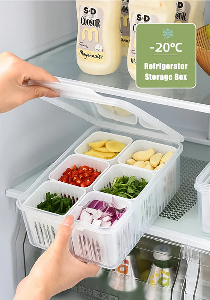 Refrigerator Storage Box – 4/6 Grid Clear Crisper for Fruits, Vegetables & Meat
