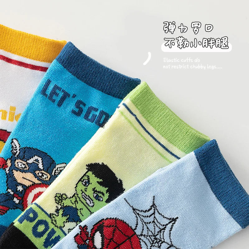 5 Pairs Spiderman Cotton Socks for Kids – Iron Man, Hulk, Thor Anime Boys Short Socks, Cartoon Baby Spring & Summer Footwear