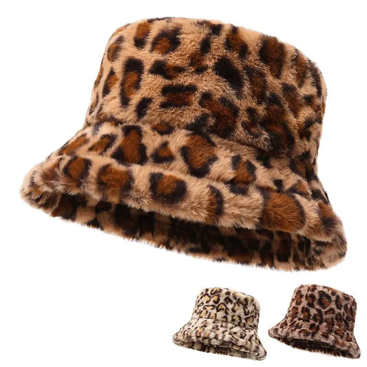 Women’s Winter Leopard Print Fisherman Hat – Versatile Plush Bucket Hat, Warm Pot-Style Headwear
