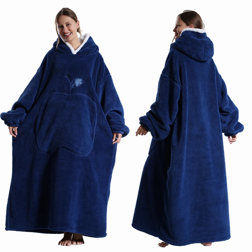 Extra Long Wearable Blanket - Winter Flannel Hooded Blanket with Full Sleeves, Cozy Soft Throw for Men and Women