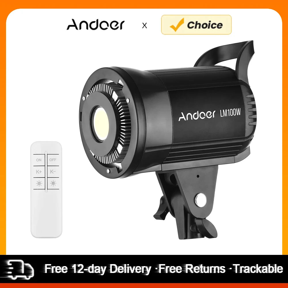 Andoer 100W Studio LED Video Light – 5600K Dimmable Bowens Mount with Remote Control for Video & Live Streaming