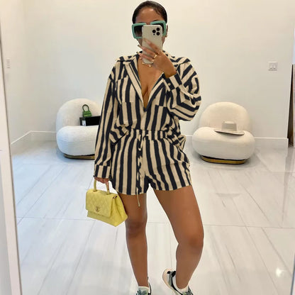2025 Women’s Casual Striped Shorts & Long Sleeve Shirt Set – Spring Summer Office & Vacation Outfit