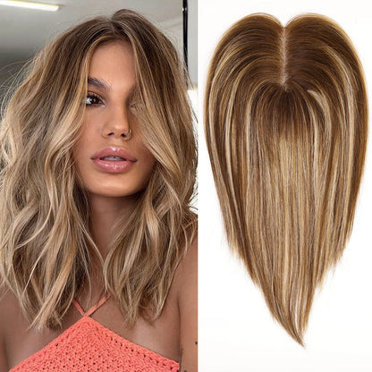 Ash Gray Brown 100% Remy Human Hair Toppers – Clips-In Lace Base Topper Hairpieces for Women, 12-inch Straight Hair Extensions