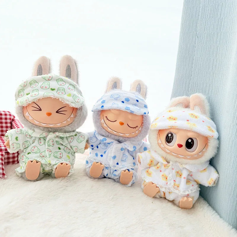 Labubu I & II Doll Clothes – 15cm/17cm Cute Eye Mask Pajama 3-Piece Set for Plush Dolls