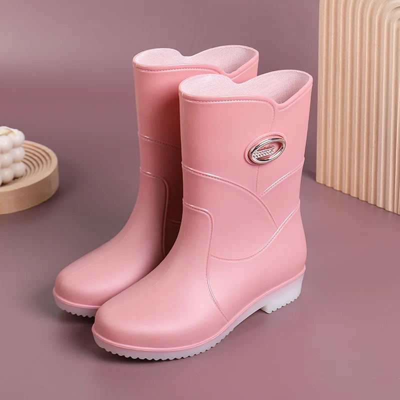 Women’s Fashion Mid-Tube Rain Boots – Wear-Resistant, Waterproof Rubber Shoes with Thick Sole, Non-Slip & Cotton Lining