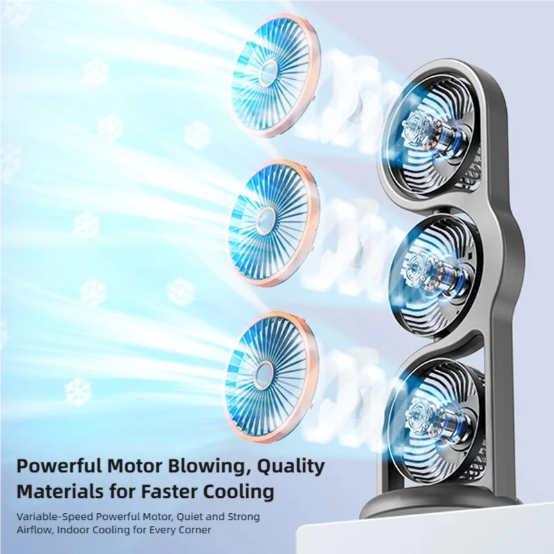 Portable USB Rechargeable Three Head Fan - 360° Air Circulation 5 Speed Desktop Cooling Fan for Dorm, Office & Outdoor Use