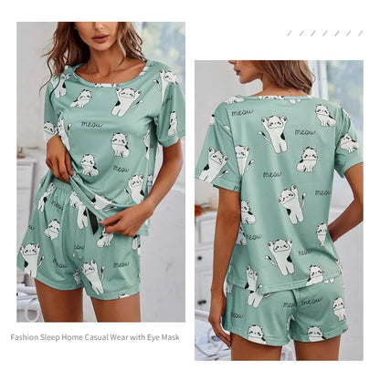 Women's 2-Piece Pajamas Set – Short Sleeve Cartoon Print Top and Pants Sleepwear Loungewear