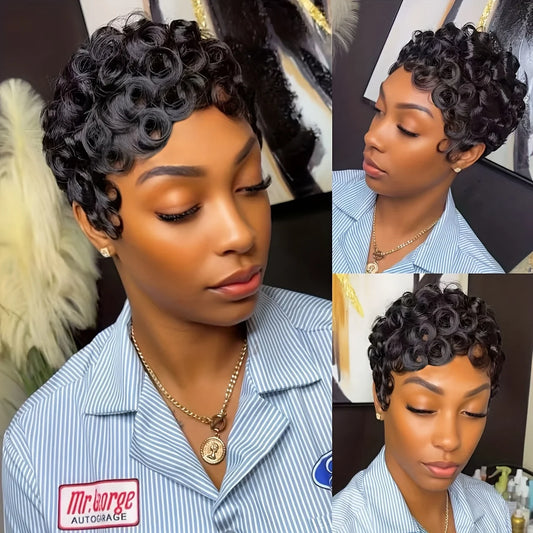 Short Layered Pixie Curly Human Hair Wig with Bangs – Glueless Full Machine Made Natural Look (4# 99J Color)
