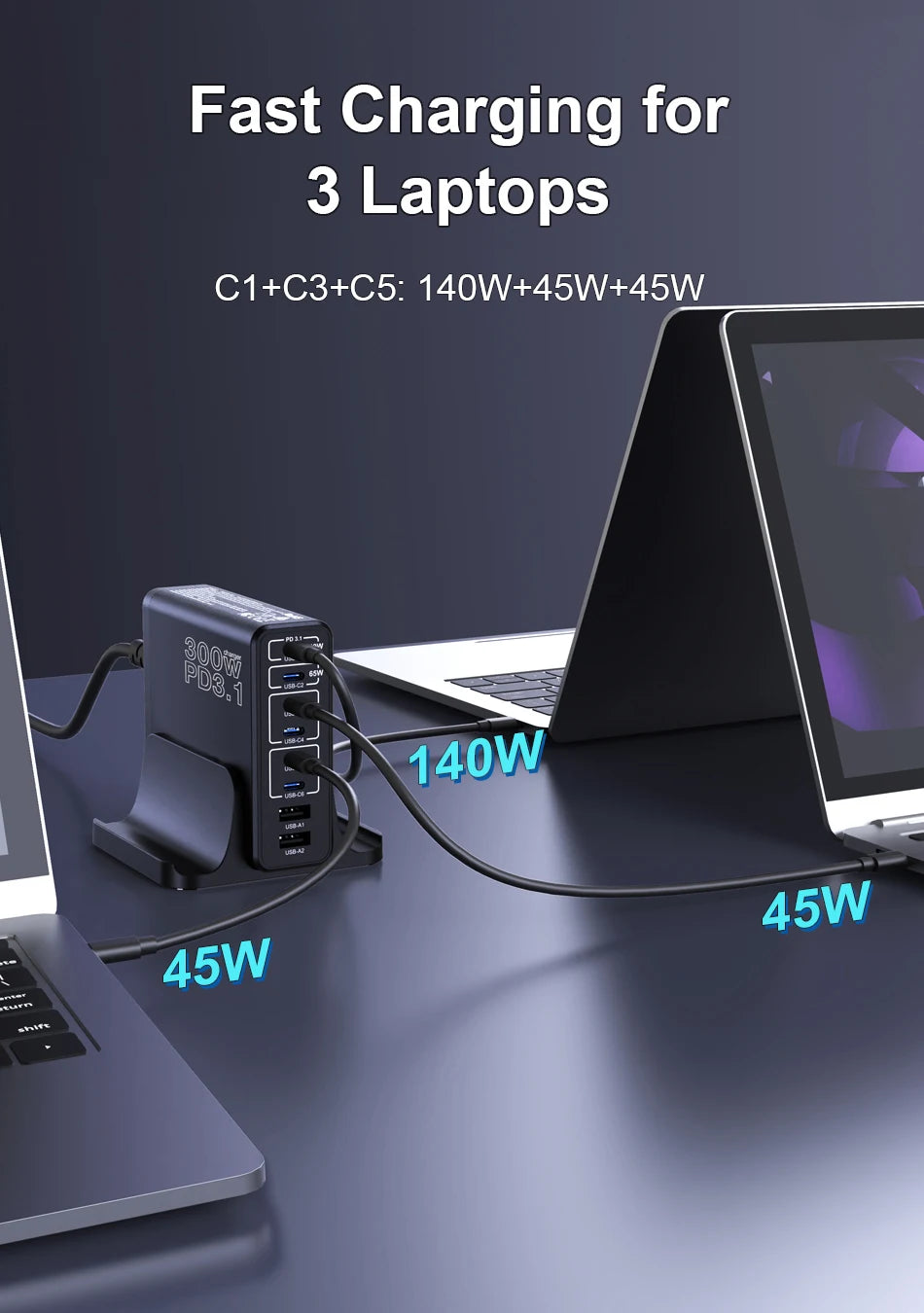 Ubigbuy 300W Multi-Port GaN Charger - USB-C 140W PD 3.1 & PPS 100W Charging Station for MacBook Pro M2, iPhone 15/14, Galaxy