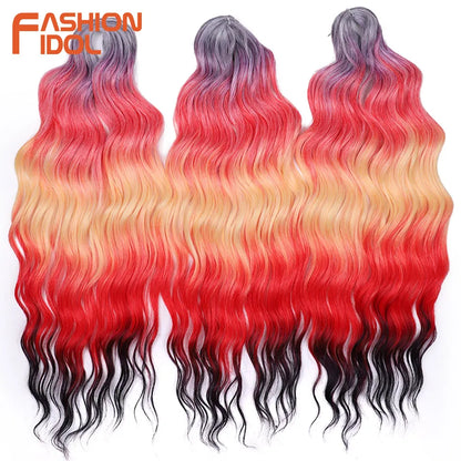 FASHION IDOL 24" Deep Wave Crochet Hair - 3-Piece Synthetic Water Wave Braiding Extensions, Ombre Rainbow Twist Hair