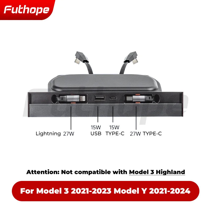 Futhope Docking Station with Telescopic Rope – Tesla Model 3/Y Highland Hub & Central Control Splitter for Laptop Support