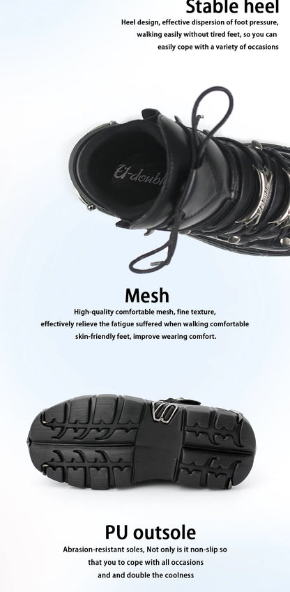 New 2024 Punk Style Women's Platform Shoes – 6CM Lace-Up Rock Boots with Metal Decor