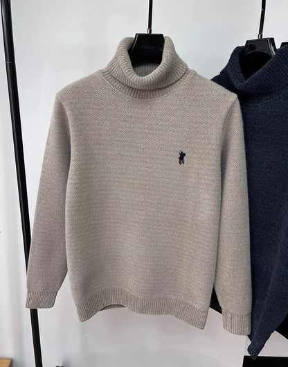 Men's Velvet High Neck Sweater - Luxury Pony Embroidery Thick Warm Winter Knitted Pullover