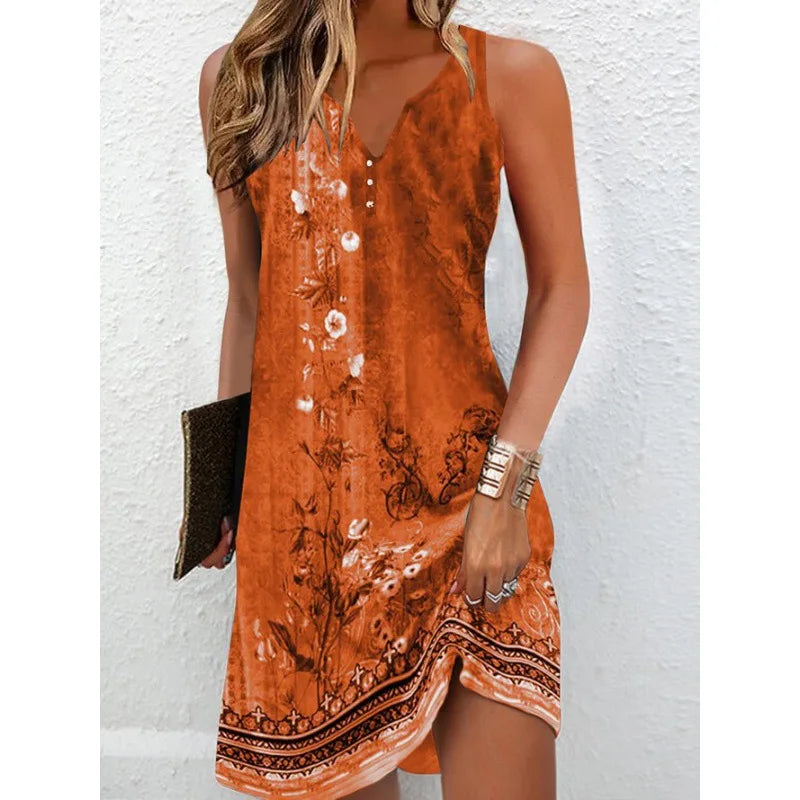 2023 Women's Summer Boho Mini Dress – Vintage Floral Print, V-Neck, Sleeveless Button, Plus Size Vestidos