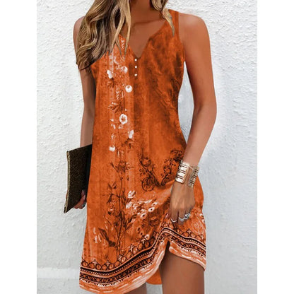2023 Women's Summer Boho Mini Dress – Vintage Floral Print, V-Neck, Sleeveless Button, Plus Size Vestidos
