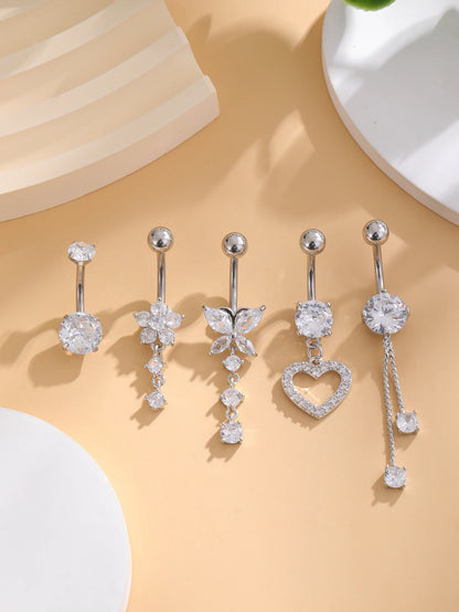 5PCS Belly Button Ring Set – 14G Curved Navel Piercing with Butterfly & Heart Charms, Body Jewelry for Women & Girls