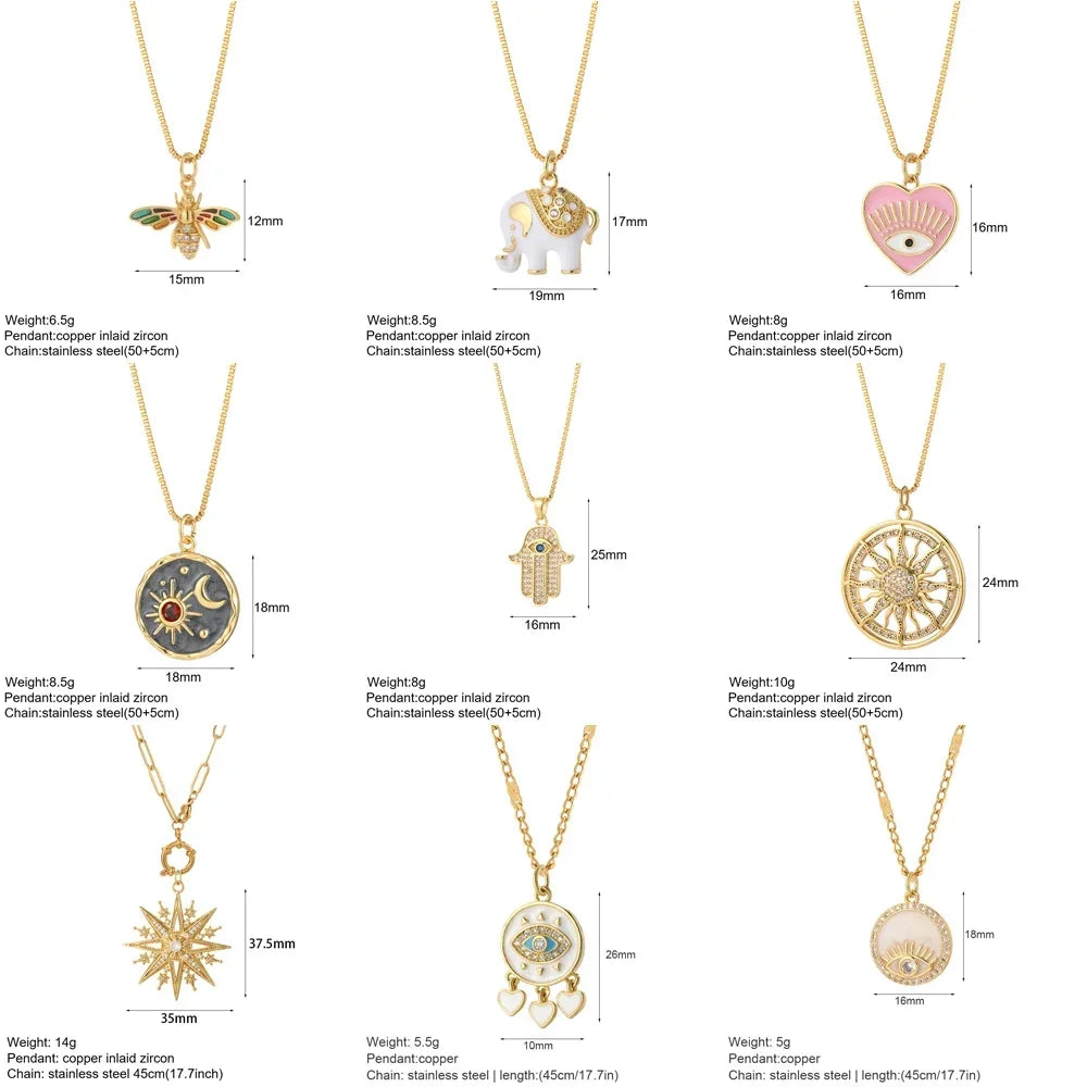 Heart Evil Blue Eye Sun Necklace – Cute Dog, Bee & Elephant Gold Pendant with Long Stainless Steel Chain for Women