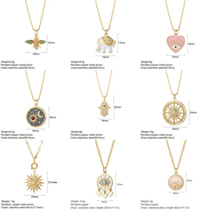 Heart Evil Blue Eye Sun Necklace – Cute Dog, Bee & Elephant Gold Pendant with Long Stainless Steel Chain for Women