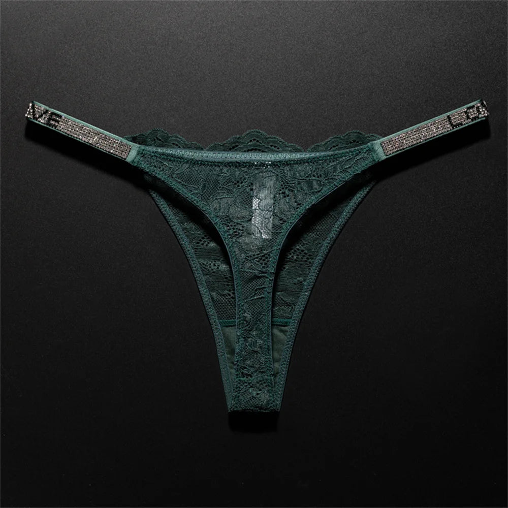Women's Crystal Lace Thong - Sheer Transparent Breathable T-Back Lingerie Plus Size S-XL