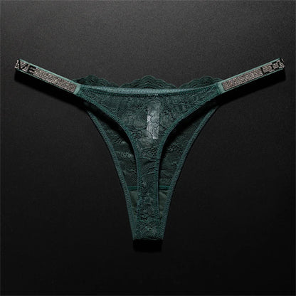 Women's Crystal Lace Thong - Sheer Transparent Breathable T-Back Lingerie Plus Size S-XL