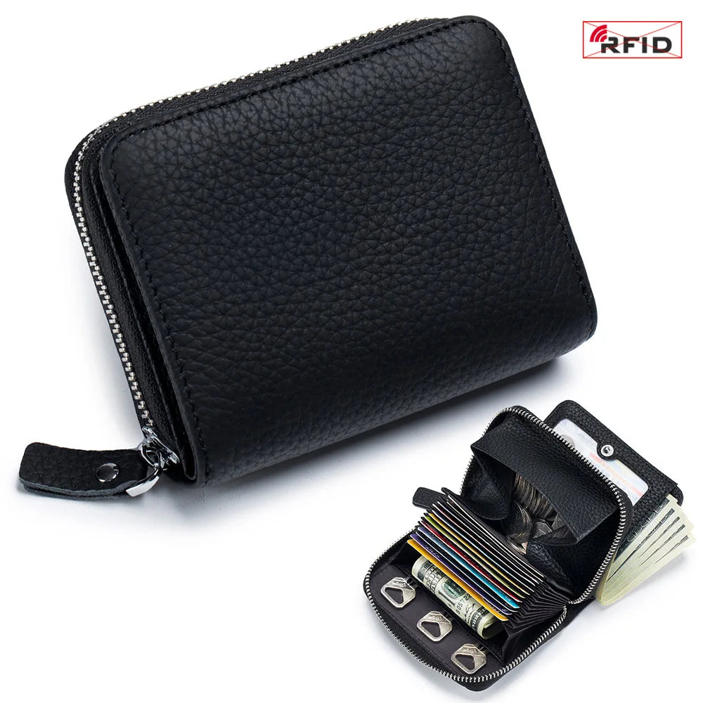 Genuine Leather RFID Short Wallet – Cowhide Card Holder Mini Coin Purse & Key Pouch for Men and Women