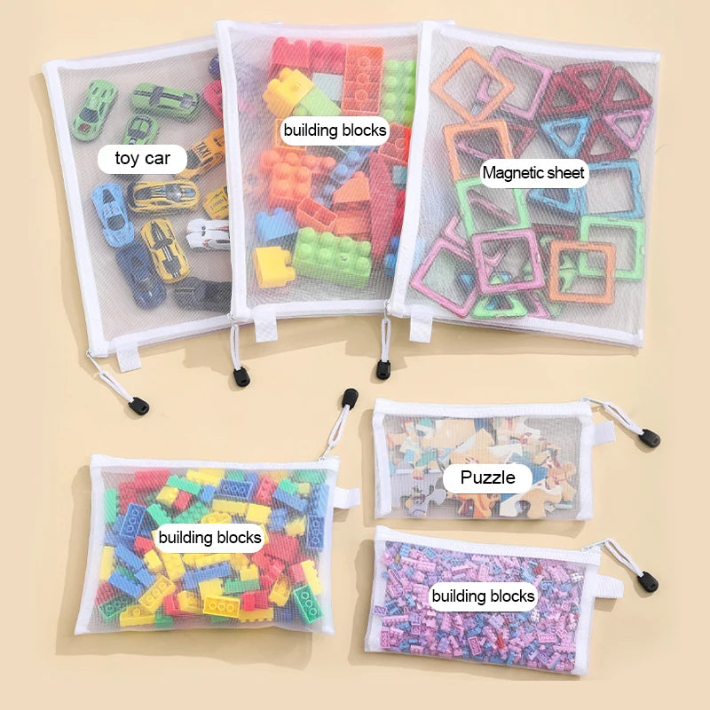 Children’s Puzzle & Building Block Storage Bag – Transparent Mesh Zipper Organizer for Toys, Cosmetics & Household Items