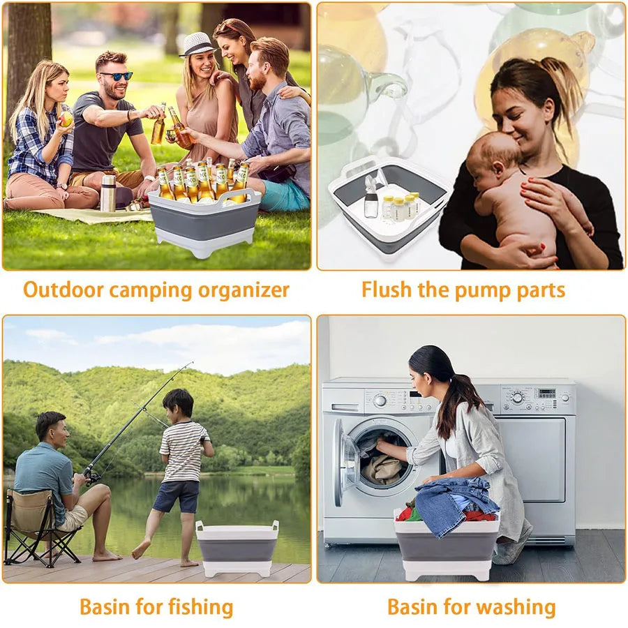 9L Collapsible Wash Basin - Portable Plastic Sink with Drain Plug for Vegetables, Fruits, Dishes & Storage