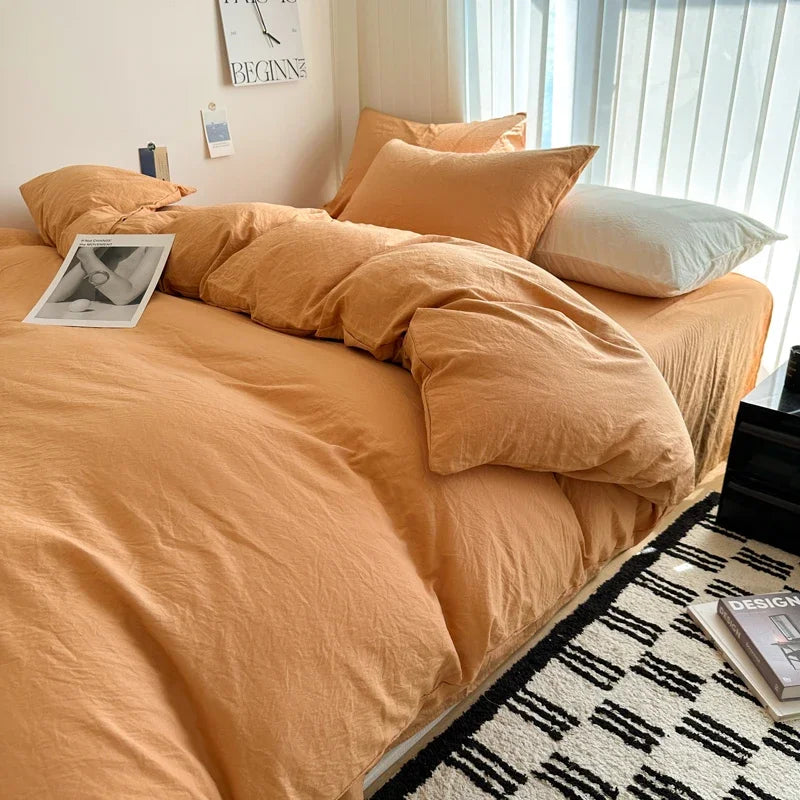 Solid Cotton Bed Linen Set – Bedding with Sheet, Duvet Cover & Pillowcases, Single to King/Queen/Twin Size