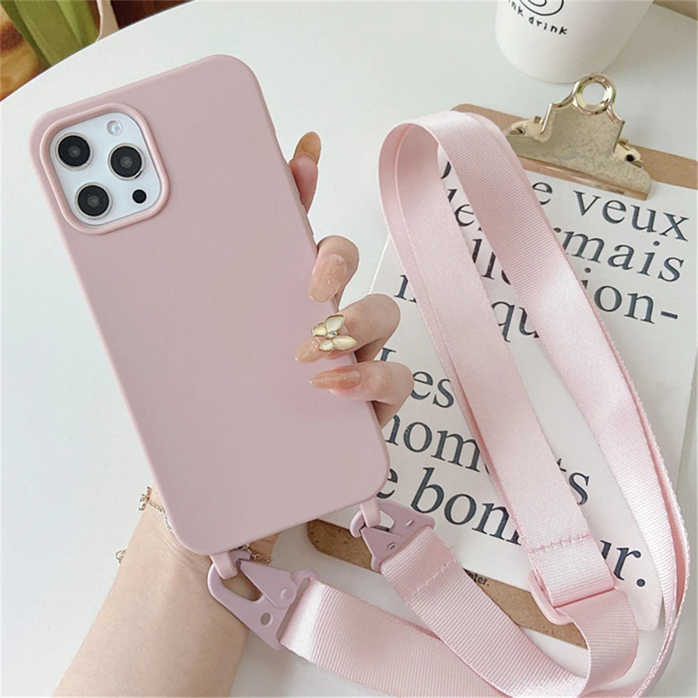 Crossbody Necklace Strap Silicone Case - Matte Shockproof Phone Cover for iPhone 17, 16, 15, 14 Pro Max & More