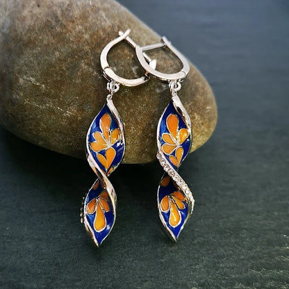 Spiral Leaf Enamel Pendant Earrings - Elegant Flower Pattern Long Dangle Fashion Jewelry Gift