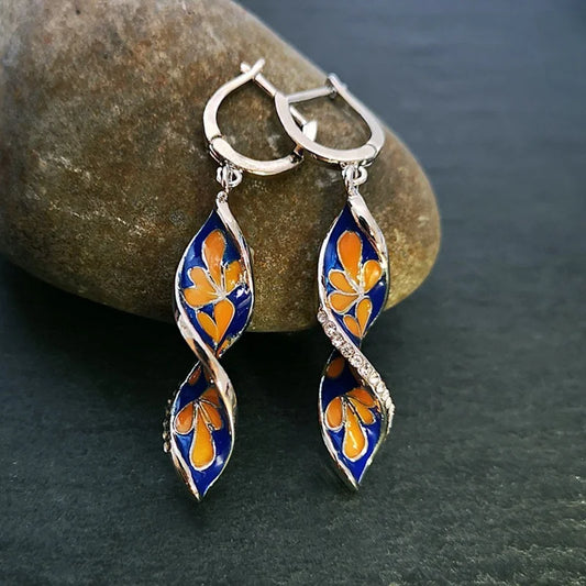 Spiral Leaf Enamel Pendant Earrings - Elegant Flower Pattern Long Dangle Fashion Jewelry Gift