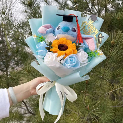 Cartoon Stitch Plush Doll with Flowers – Handmade Stuffed Animal Bouquet for Valentine’s, Christmas & Graduation Gifts