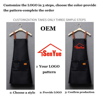 Customized Embroidery Kitchen Apron – Waterproof Bib with Logo, Signature, Pockets, and Waist Bag for Home Chefs & Bakers