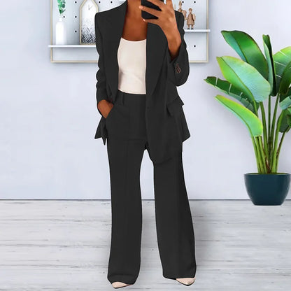 Women's 2 Piece Blazer Pant Set - Casual Single Button Jacket & High Waist Wide Leg Workwear Suit