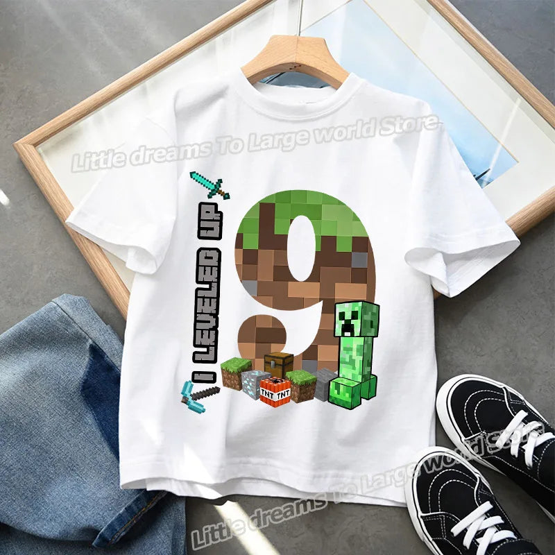 Miner Crafting Birthday Number T-Shirt – Cartoon Summer Short Sleeve Tops for Boys Party Gift