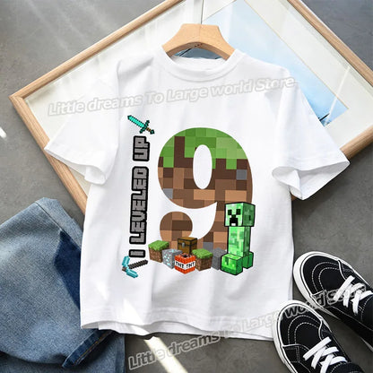 Miner Crafting Birthday Number T-Shirt – Cartoon Summer Short Sleeve Tops for Boys Party Gift