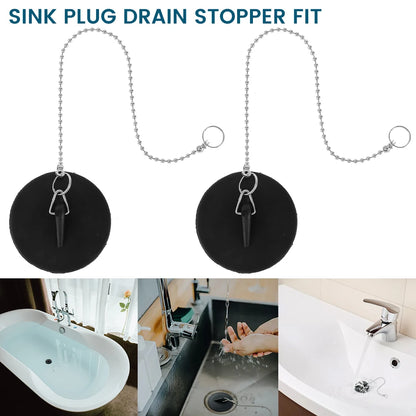 8/2PC Universal Sink Plug — Rubber Drain Stopper with Round Beaded Chain for Kitchen & Bathroom