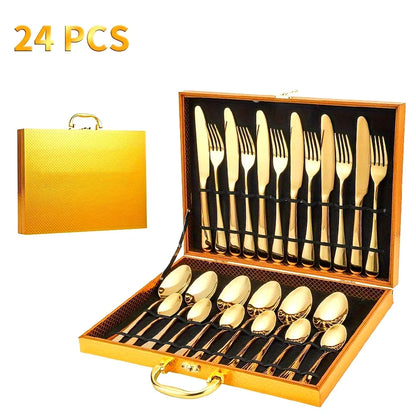 24-Piece Stainless Steel Black Flatware Set — Elegant Knife, Fork & Spoon Cutlery with Mirror Polish, Gold Accents, Dishwasher Safe