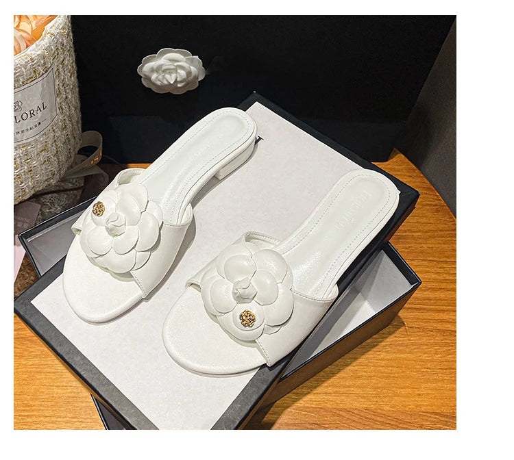 Luxury Women’s Flower Slippers — Camellia Open-Toe Slides for Home & Outdoor, Ladies Flip Flop Sandals