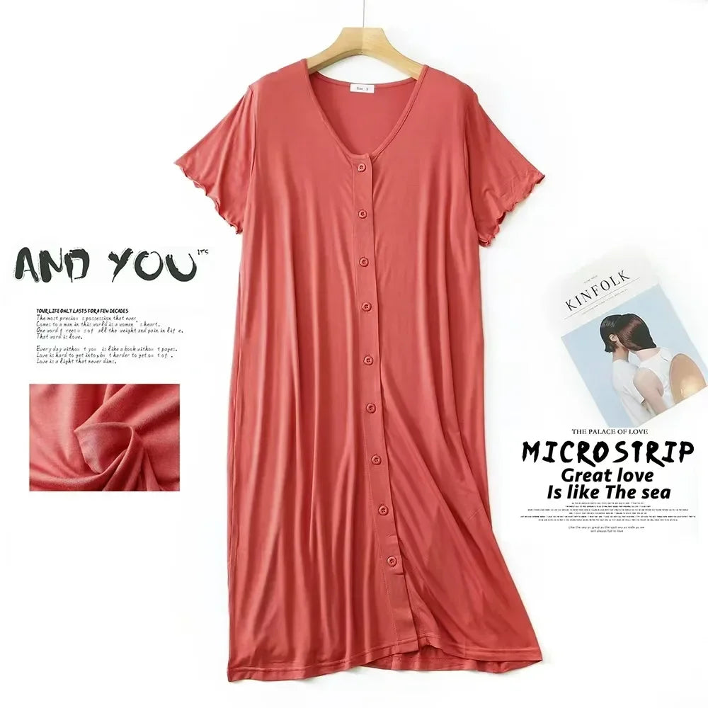 Women’s Modal Short-Sleeve Night Dress – Mid-Length Cotton Sleep Top with Buttons, Plus Size Pajamas